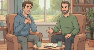 Alkoholismin hoitoa vertaisvalmennuksella.